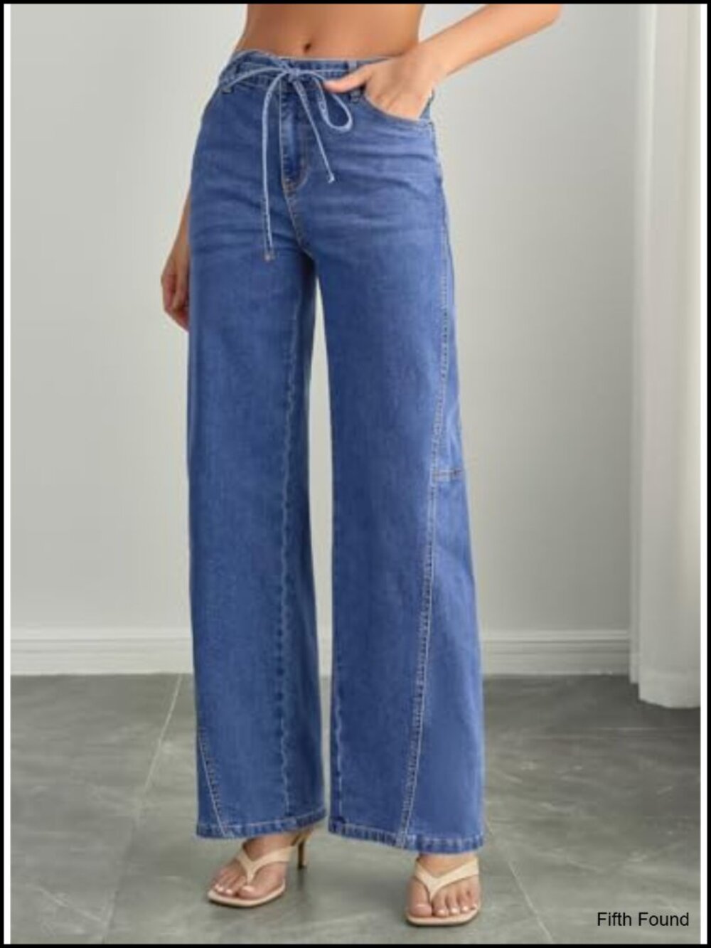 Wide Leg Jeans Mid Waisted Stretchy Drawstring Button Down Denim Pants 2026 - Picture 6 of 6